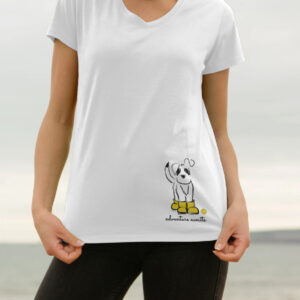 dog t.shirt, sustainable white v neck cotton t.shirt featuring illustration of Kit the dog in yellow wellies and slogan adventure awaits