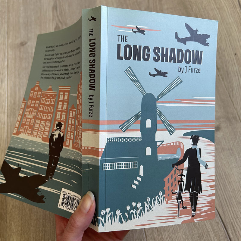 Full book cover illustration by Becks Neale featuring silhouetted Holland landscape with two figures, tulips, canal houses and Lancaster aircraft.