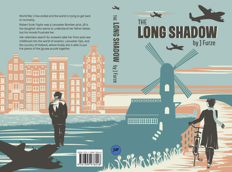 Flat spread of The Long Shadow by J Furze book cover artwork, illustrated by Becks Neale